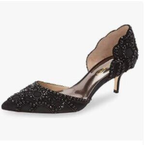 XYD Black Pointed Toe D'Orsay Kitten Heel Rhinestone Studs Slip-On Satin Pump